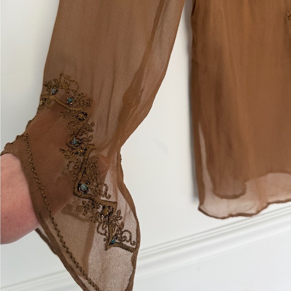Vintage 100% Silk sheer tan fairycore boho Blouse Beaded Flutter Sleeves Top S - Picture 4 of 10